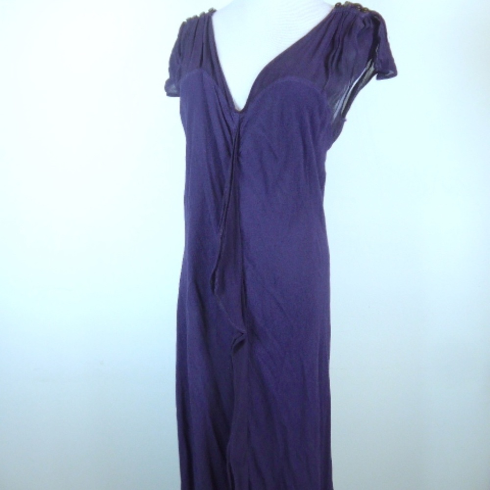 VINTAGE GHOST ENGLAND MAXI DRESS romantic RUFFLES short sleeve purple L sheer